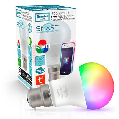 Crompton GLS LED Smart WiFi Light Bulb B22 8.5W Dim Warm White + RGB Opal Bayonet Coloured TUYA Colour Changing