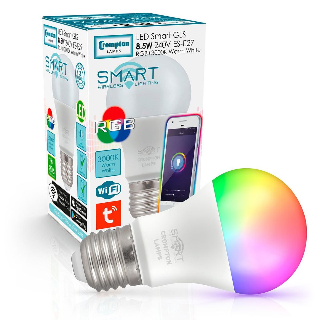 Crompton LED Smart WiFi GLS Light Bulb E27 8.5W Dimmable Warm White + RGB 3000K Screw Coloured Opal - Image 1