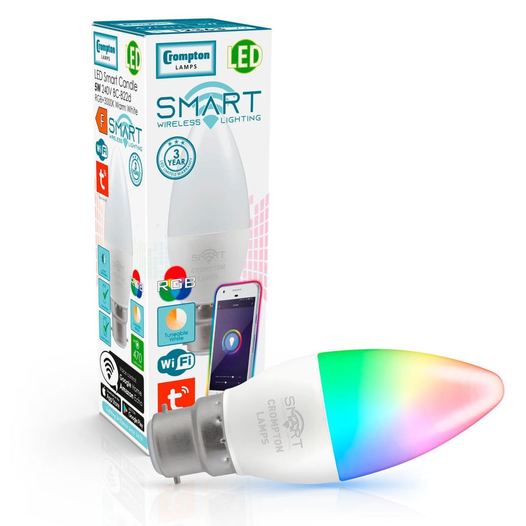 Crompton Candle LED Smart WiFi Light Bulb B22 5W Dim Warm White + RGB Opal Bayonet Coloured TUYA Colour Changing - Image 1