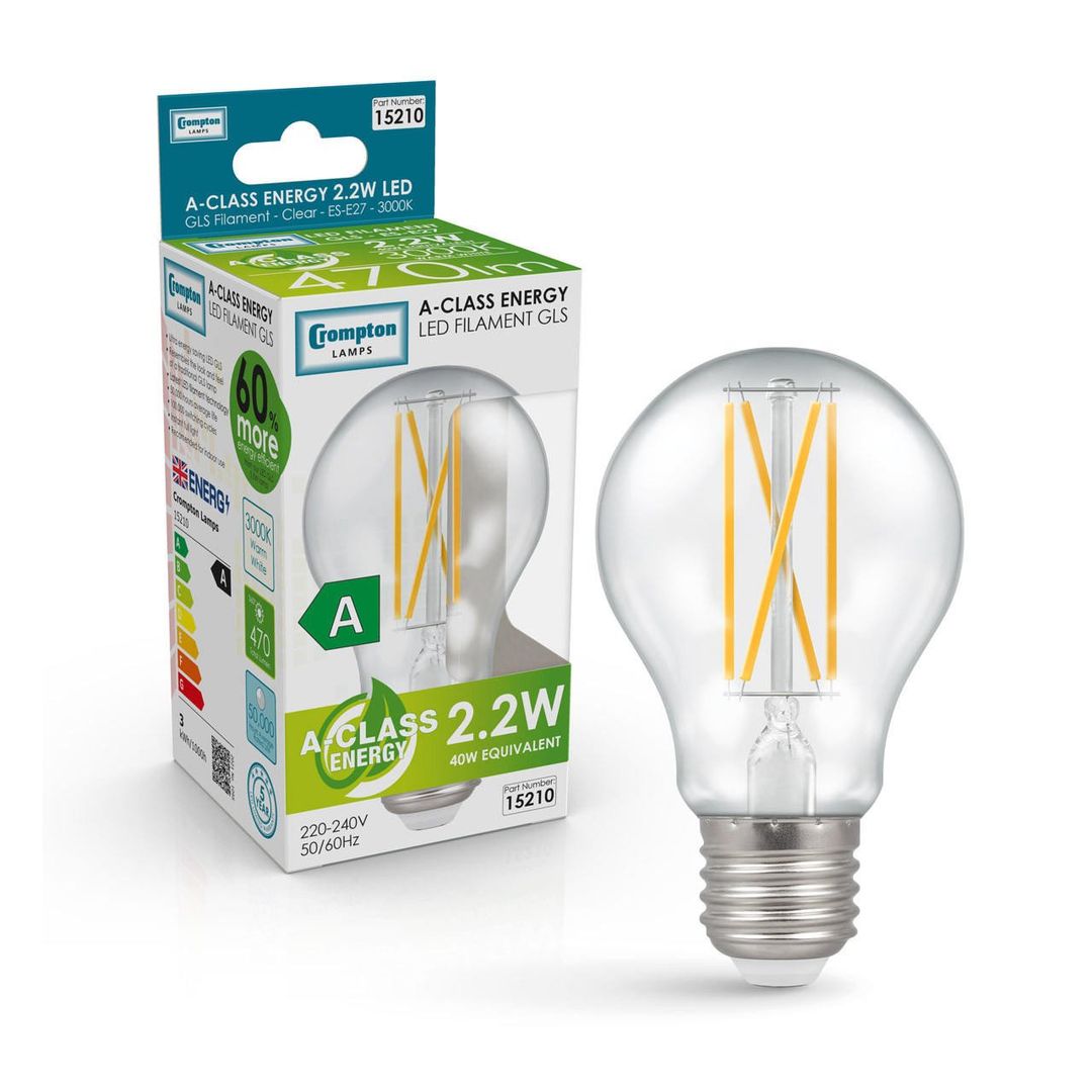 Crompton GLS LED Ultra-Efficient Light Bulb E27 2.2W (40W Eqv) Warm White Clear A-Class Screw Filament A-Rated - Image 1