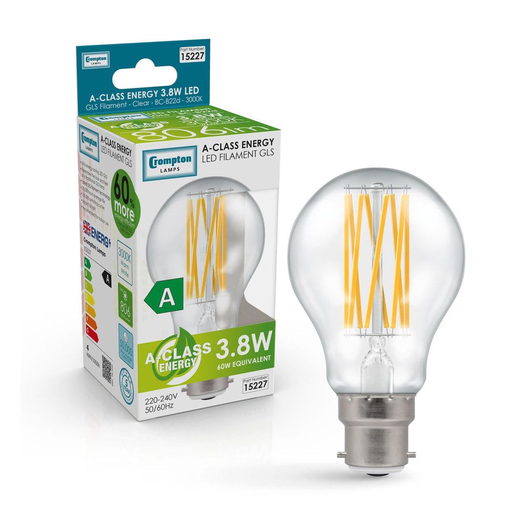Crompton GLS LED Ultra-Efficient Light Bulb B22 3.8W (60W Eqv) Warm White Clear A-Class Bayonet Filament A-Rated - Image 1