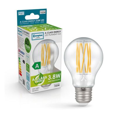 Crompton GLS LED Ultra-Efficient Light Bulb E27 3.8W (60W Eqv) Warm White Clear A-Class Screw Filament A-Rated