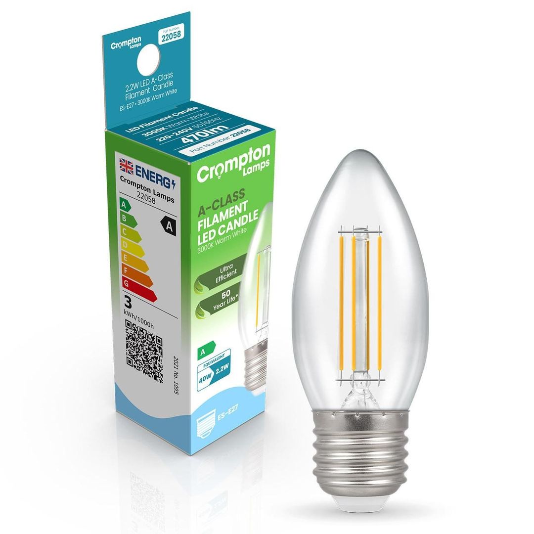 Crompton Candle LED Ultra-Efficient Light Bulb E27 2.2W (40W Eqv) Warm White Clear A-Class Screw Filament A-Rated - Image 1