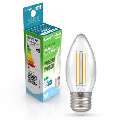 Crompton Candle LED Ultra-Efficient Light Bulb E27 2.2W (40W Eqv) Warm White Clear A-Class Screw Filament A-Rated