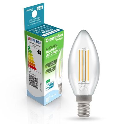Crompton Candle LED Ultra-Efficient Light Bulb E14 2.2W (40W Eqv) Warm White Clear A-Class Small Screw Filament A-Rated