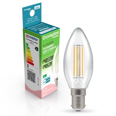 Crompton Candle LED Ultra-Efficient Light Bulb B15 2.2W (40W Eqv) Warm White Clear A-Class Small Bayonet Filament A-Rated