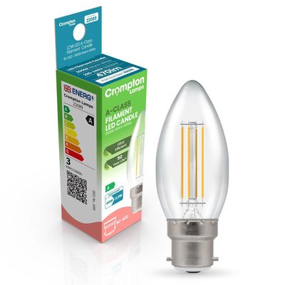 Crompton Candle LED Ultra-Efficient Light Bulb B22 2.2W (40W Eqv) Warm White Clear A-Class Bayonet Filament A-Rated