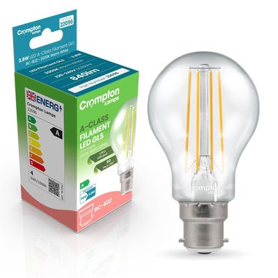Crompton GLS LED Ultra-Efficient Light Bulb B22 3.8W (60W Eqv) Dim Warm White Clear A-Class Bayonet Filament A-Rated