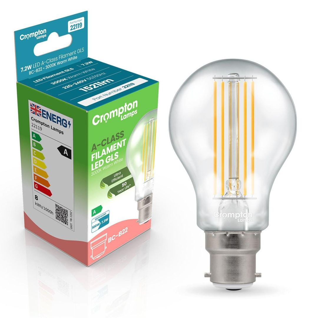 Crompton GLS LED Ultra-Efficient Light Bulb B22 7.2W (100W Eqv) Warm White Clear A-Class Bayonet Filament A-Rated - Image 1