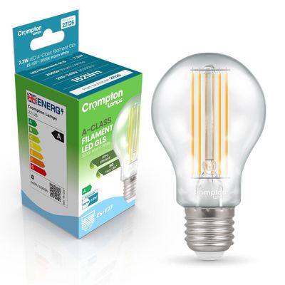 Crompton GLS LED Ultra-Efficient Light Bulb E27 7.2W (100W Eqv) Warm White Clear A-Class Screw Filament A-Rated