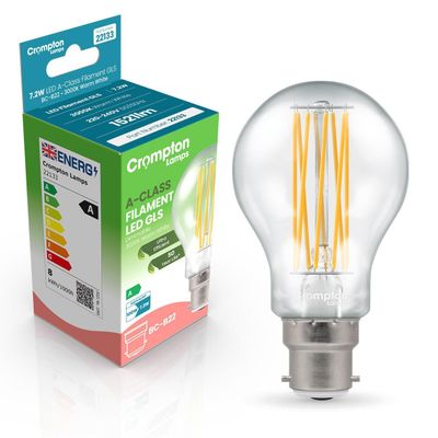 Crompton GLS LED Ultra-Efficient Light Bulb B22 7.2W (100W Eqv) Dim Warm White Clear A-Class Bayonet Filament A-Rated
