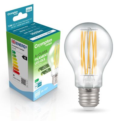 Crompton GLS LED Ultra-Efficient Light Bulb E27 7.2W (100W Eqv) Dim Warm White Clear A-Class Screw Filament A-Rated
