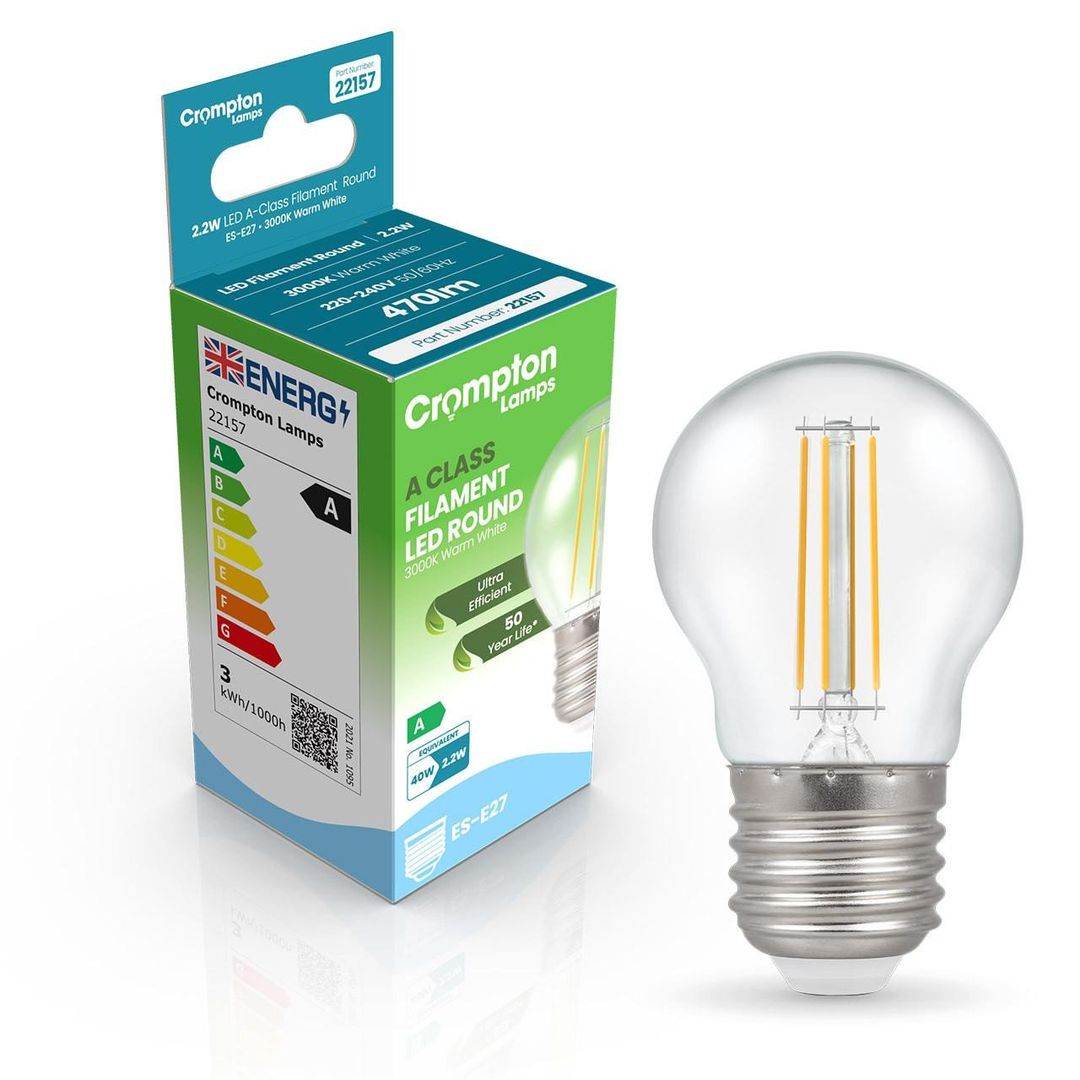 Crompton Golfball LED Ultra-Efficient Light Bulb E27 2.2W (40W Eqv) Warm White Clear A-Class Round Screw Filament A-Rated - Image 1