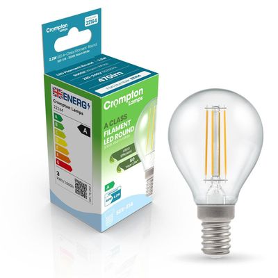 Crompton Golfball LED Ultra-Efficient Light Bulb E14 2.2W (40W Eqv) Warm White Clear A-Class Round Small Screw Filament A-Rated