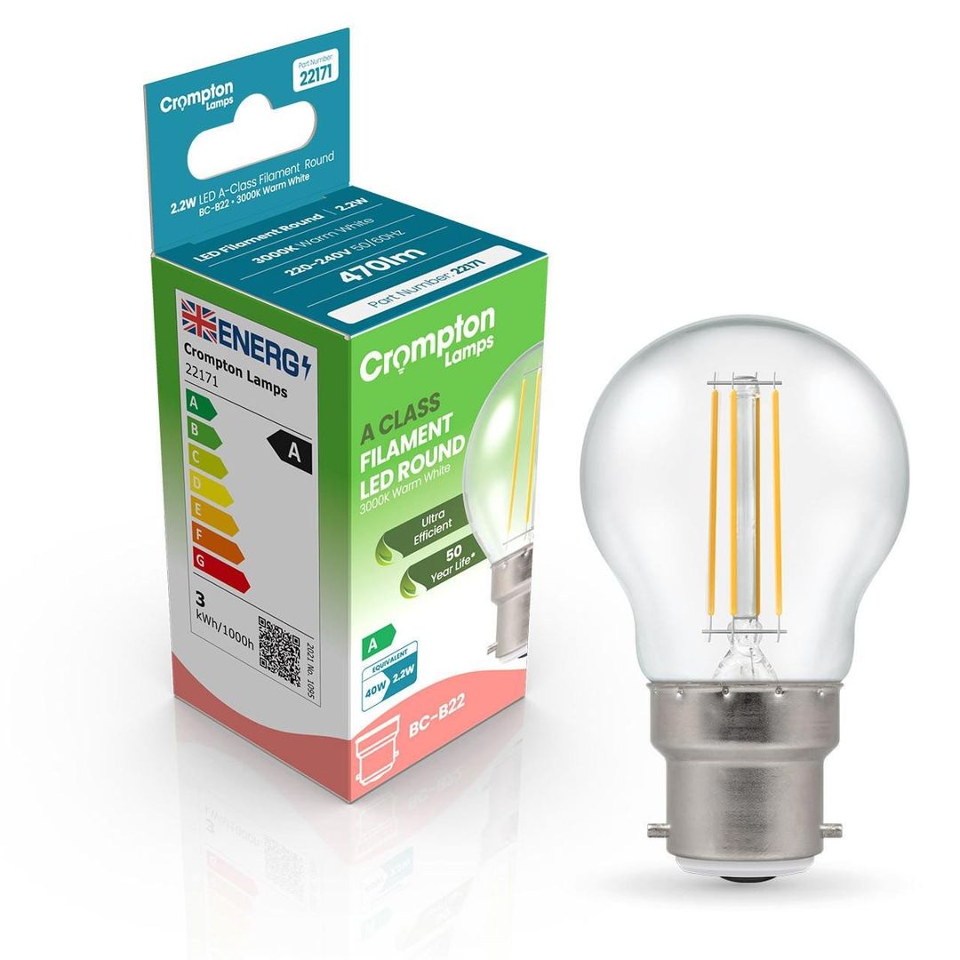 Crompton Golfball LED Ultra-Efficient Light Bulb B22 2.2W (40W Eqv) Warm White Clear A-Class Round Bayonet Filament A-Rated - Image 1