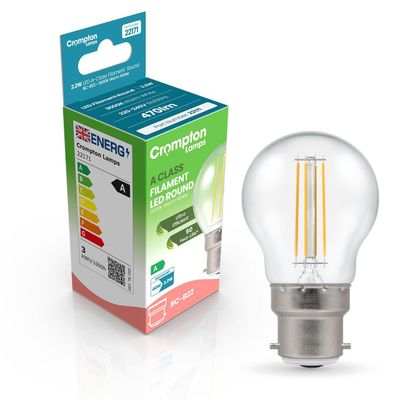 Crompton Golfball LED Ultra-Efficient Light Bulb B22 2.2W (40W Eqv) Warm White Clear A-Class Round Bayonet Filament A-Rated