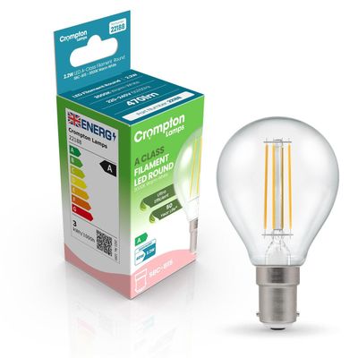 Crompton Golfball LED Ultra-Efficient Light Bulb B15 2.2W (40W Eqv) Warm White Clear A-Class Round Small Bayonet Filament A-Rated
