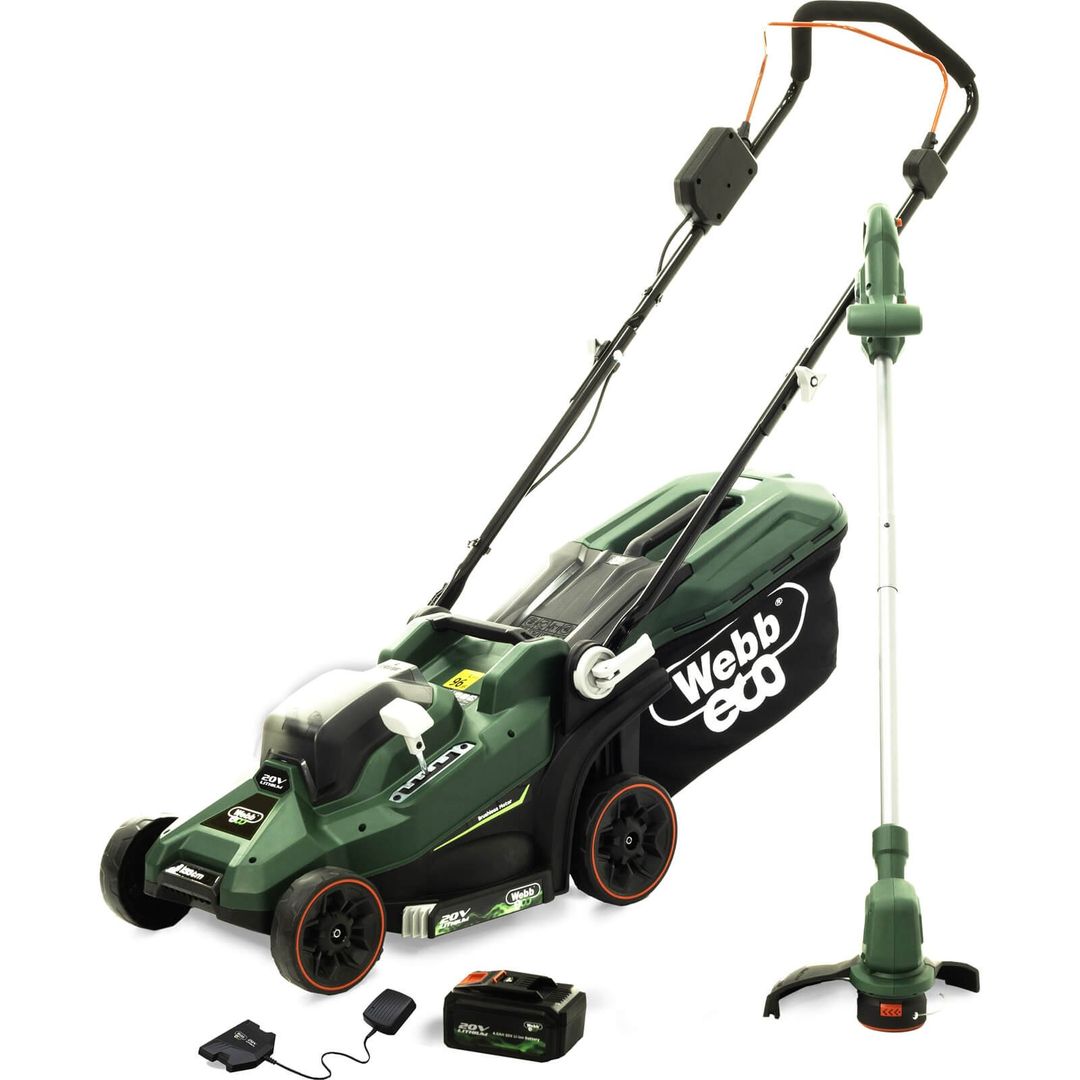 Webb Eco 20v Cordless Lawnmower and Grass Trimmer Garden Power Tool Kit 1 x 4ah Li-ion Battery Charger - Image 1