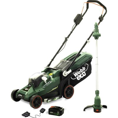 Webb Eco 20v Cordless Lawnmower and Grass Trimmer Garden Power Tool Kit 1 x 4ah Li-ion Battery Charger