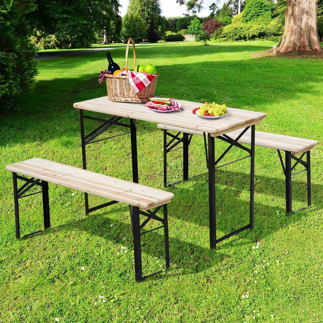 Outsunny Portable Folding Picnic Table and Bench Set - Black, Natural Wood - Image 1