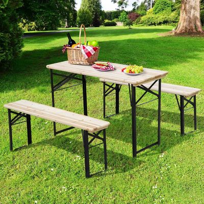Outsunny Portable Folding Picnic Table and Bench Set - Black, Natural Wood