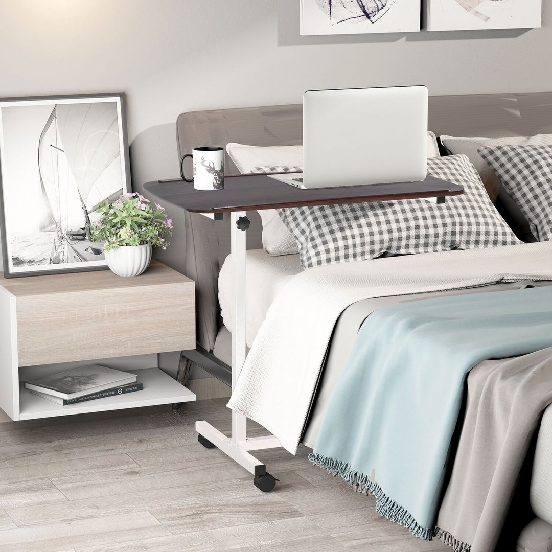 HOMCOM Portable Rolling Bedside Table C Shaped - Brown - Image 1