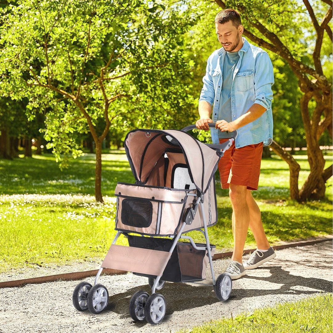 PawHut Pet Stroller Cats Foldable Travel Carriage with Wheels Zipper - Brown - Image 1