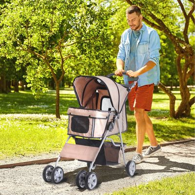PawHut Pet Stroller Cats Foldable Travel Carriage with Wheels Zipper - Brown