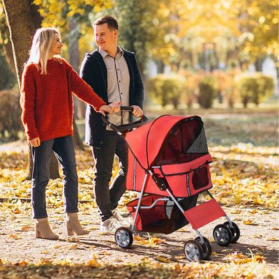 PawHut Pet Stroller Cats Foldable Travel Carriage with Wheels Zipper - Red
