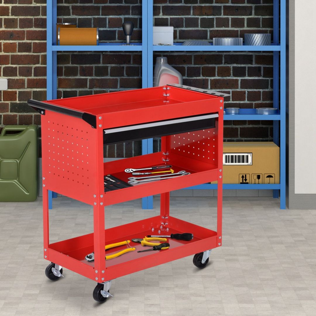 DURHAND 3-Tier Tool Trolley Cart Storage Shelf Roller Cabinet - Red - Image 1