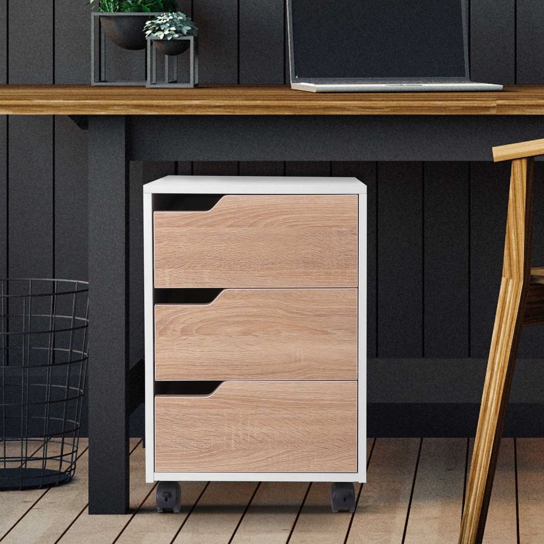 HOMCOM MDF Mobile File Cabinet - Oak, White - Image 1