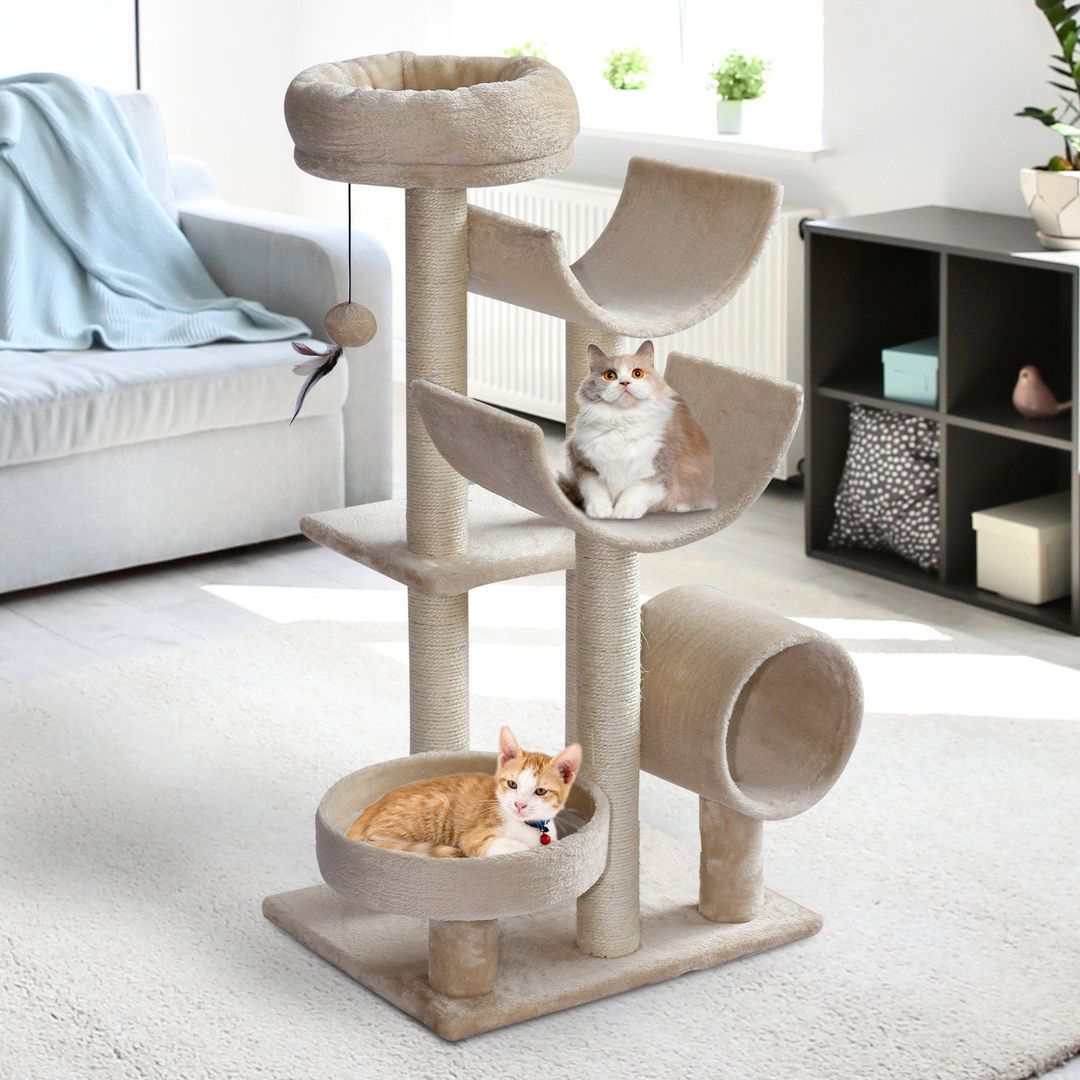 Pawhut Multi-Level Large Cat Tree Scratching Post - Beige - Image 1