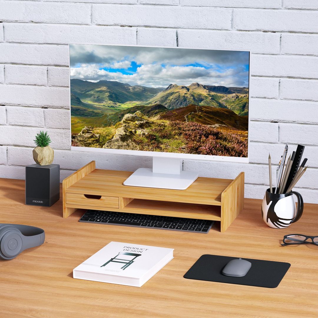 HOMCOM Bamboo Desktop Monitor Riser Laptop - Bamboo - Image 1