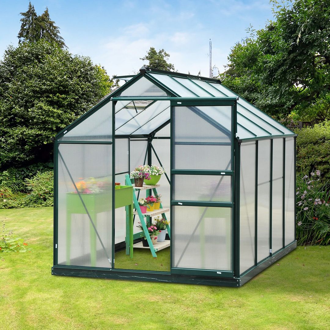 Outsunny Clear Polycarbonate Large Walk In Greenhouse - Dark Green Frame / 190cm - Image 1