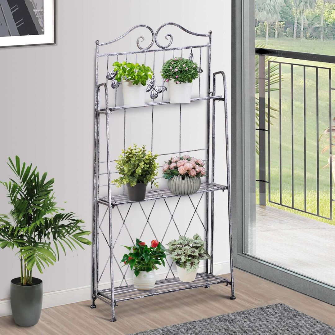 Outsunny 3 Tier Metal Folding Plant Stand - Silver Grey - Image 1