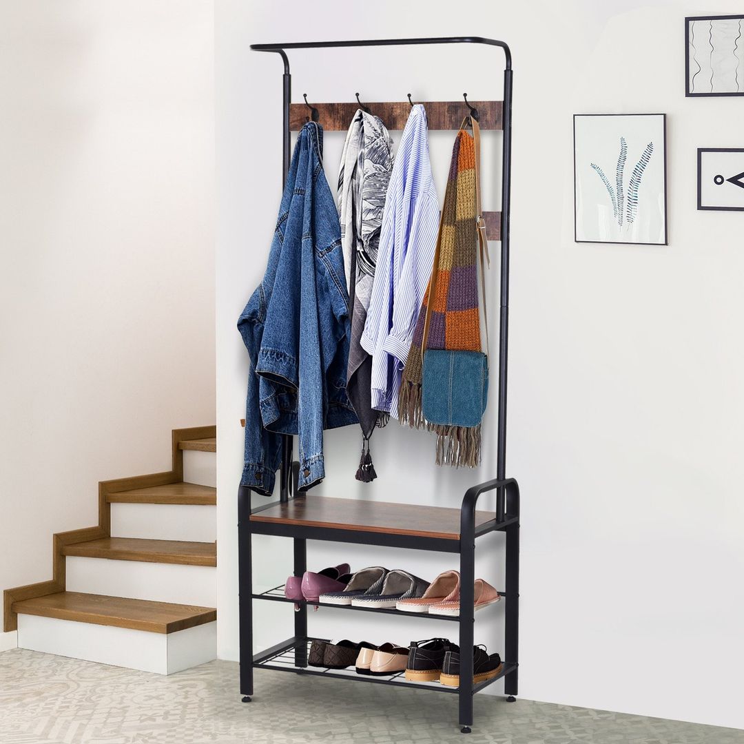 HOMCOM Industrial Coat Rack Stand with 8 Hooks - Black, wood grain colour - Image 1