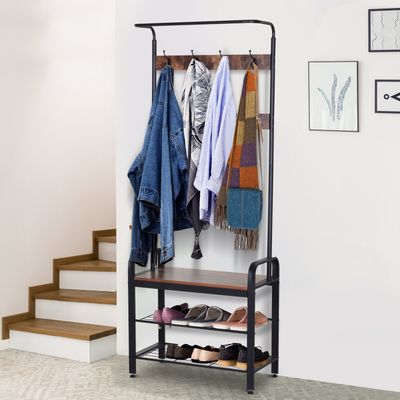 HOMCOM Industrial Coat Rack Stand with 8 Hooks - Black, wood grain colour