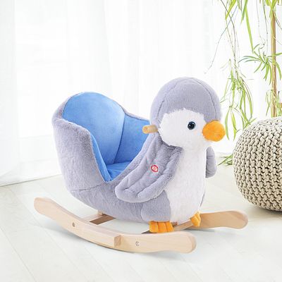 Animal Baby Rocking Horse Penguin Plush Cute Musical Button 32 Songs Wide Seat - Grey, White, Yellow