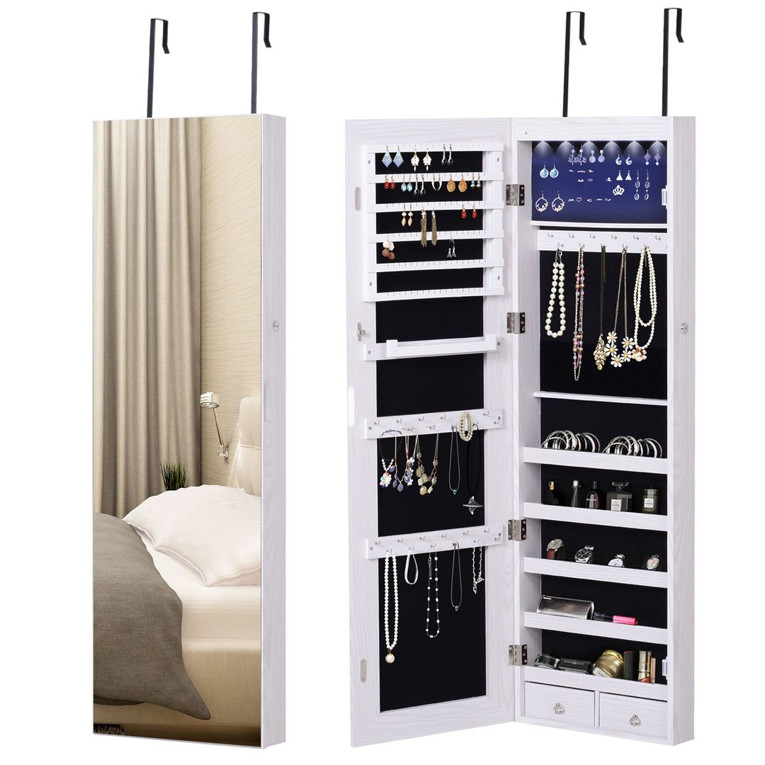 HOMCOM Mirrored Jewellery Storage Cabinet Door Mounted Wall mounted in White - Image 1