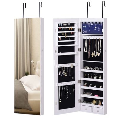 HOMCOM Mirrored Jewellery Storage Cabinet Door Mounted Wall mounted in White