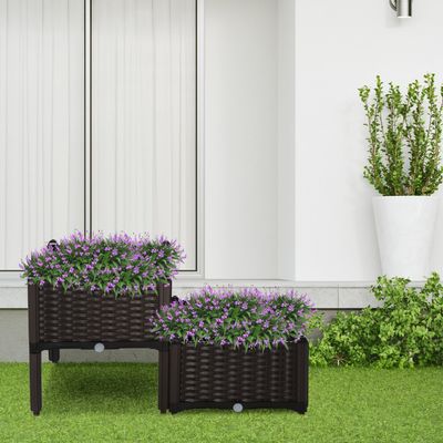 Outsunny Rattan Effect Raised Flower Planter Bed - Brown / Set 2