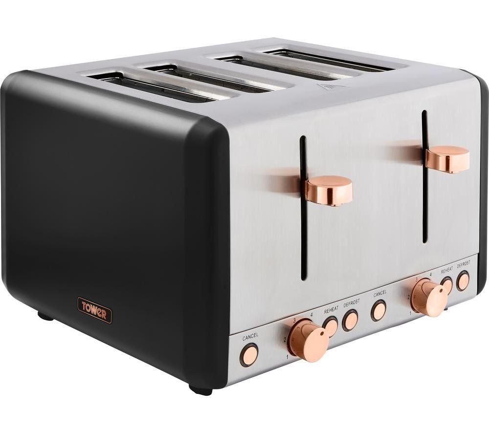 TOWER Cavaletto T20051RG 4-Slice Toaster - Black & Rose Gold, Silver/Grey - Image 1