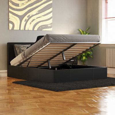 Lisbon Faux Leather Ottoman Bed - Black / Double