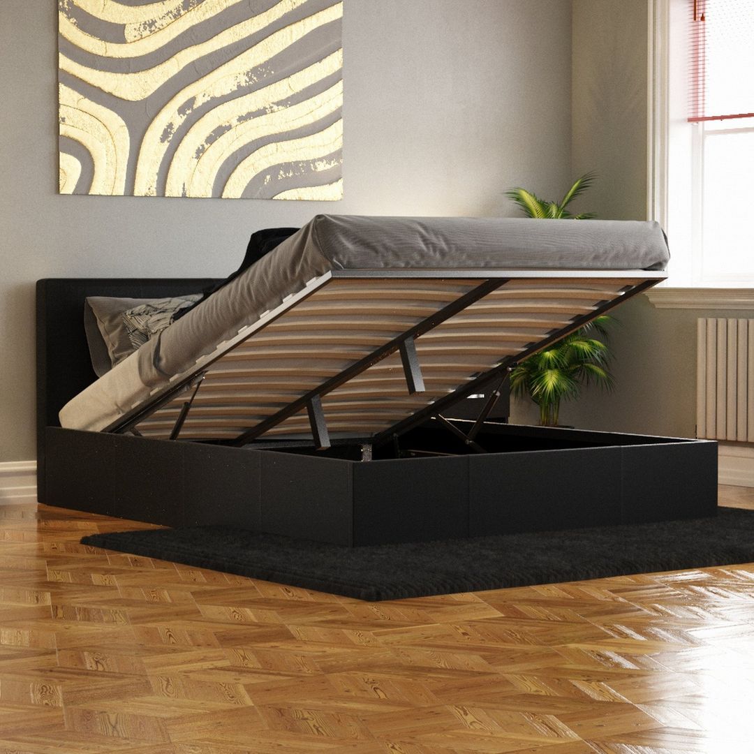 Lisbon Faux Leather Ottoman Bed - Black / King - Image 1