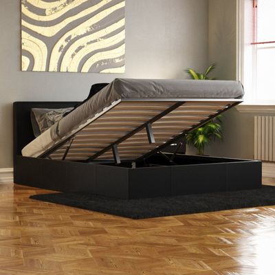 Lisbon Faux Leather Ottoman Bed - Black / King