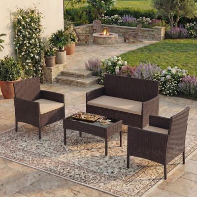 Kendal 4 Piece Rattan Garden Furniture Set - Brown - Thumbnail 2