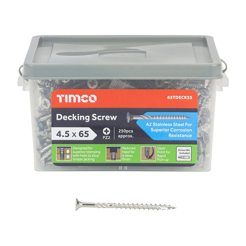 Timco Decking Screws - Pz - Double Countersunk - Stainless Steel Tub 250 65TDECKSS - Image 1