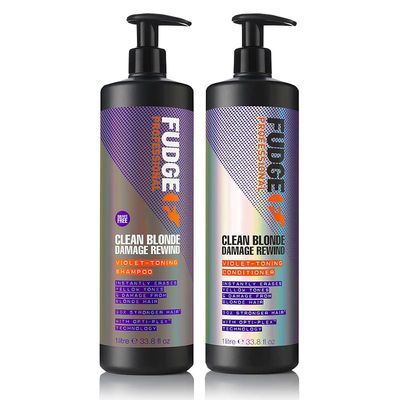 Fudge Clean Blonde Damage Rewind Purple Violet Toning & Repair Shampoo 1000ml and Conditioner 1000ml Duo