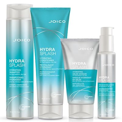 JOICO HydraSplash Hydrating Shampoo 300ml, Conditioner 250ml, Gelee Masque 150ml & Replenishing Leave-in 100ml Pack in Clear