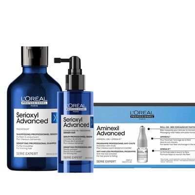 L'Oreal Professionnel Serioxyl Shampoo 300ml, Denser Hair Serum & Aminexil Anti-Hair Loss 10x6ml Pack